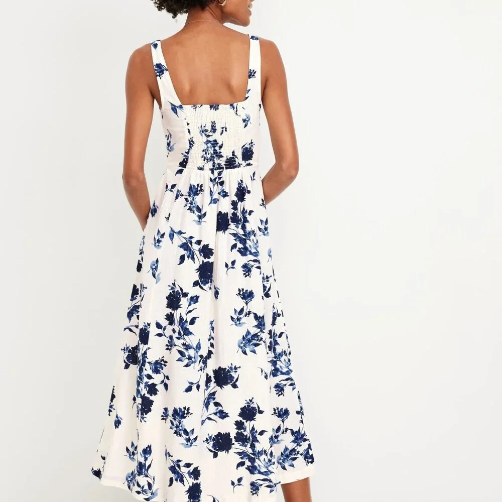 (NWT) Old Navy - blue floral linen blend fit & flare midi dress (large) - Picture 2 of 5